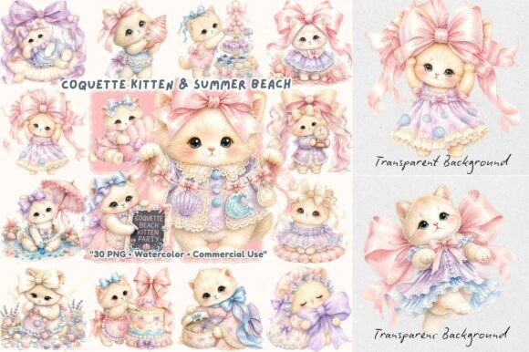 Coquette Summer Beach Kitten Watercolor Clipart