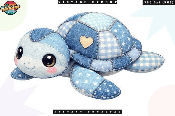 Embrace Handmade Charm with the Patchwork Turtle Denim PNG