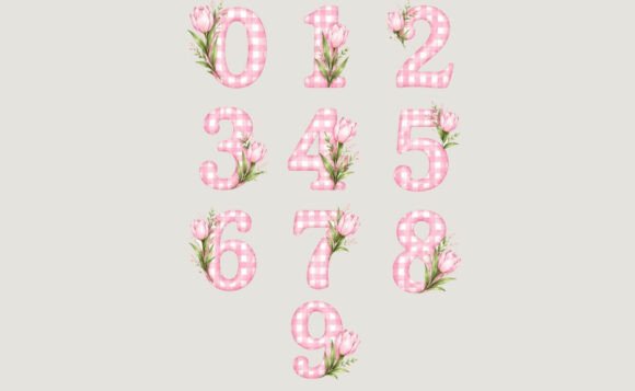 Pink Gingham Floral Numbers Clipart Set: Spring Design