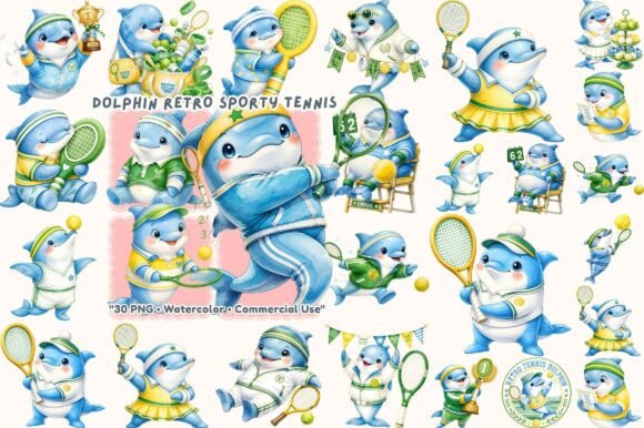 Retro Dolphin Tennis Watercolor: A Vintage Sporty Charm for Your Designs