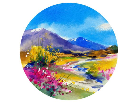 Round Watercolor Spring Mountains: Artistry for Modern Design