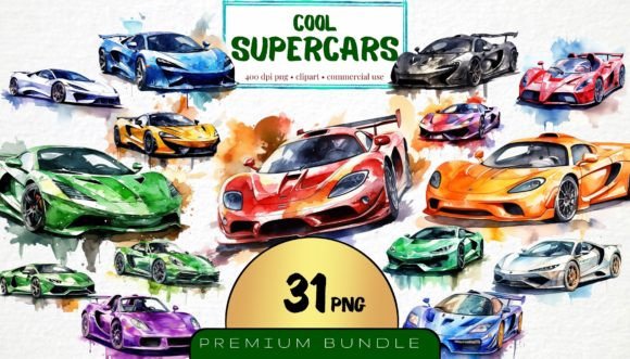 Watercolor Supercars Clipart Bundle PNG for Designers