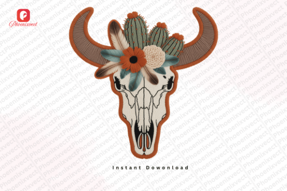 Western Desert Cow Chenille Skull PNG: Rustic Design Asset